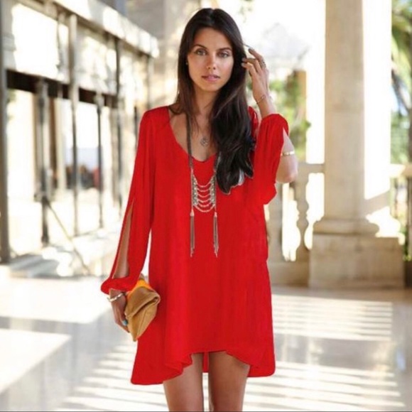 Red chiffon tunic, high low, mid length dress M - Picture 2 of 5